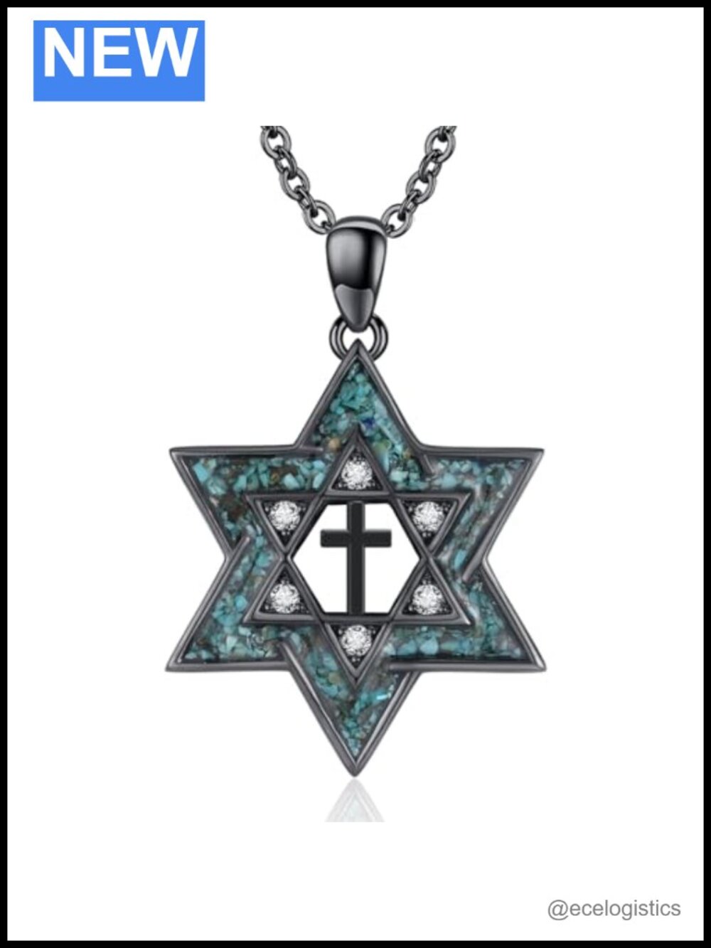 Star of David Necklace 925 Sterling Silver Black Turquoise Pendant